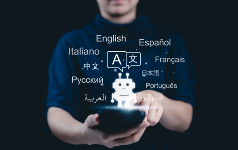 AI-Powered Language Translate App Concept. A woman holds smartphone displaying an AI powered language translation app. Screen features robot and multiple languages, global communication. multilingual,