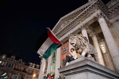 قام أحد المتظاهرين بإلغاء العلم الفلسطيني في بروكسل في 2 أكتوبر 2025.
