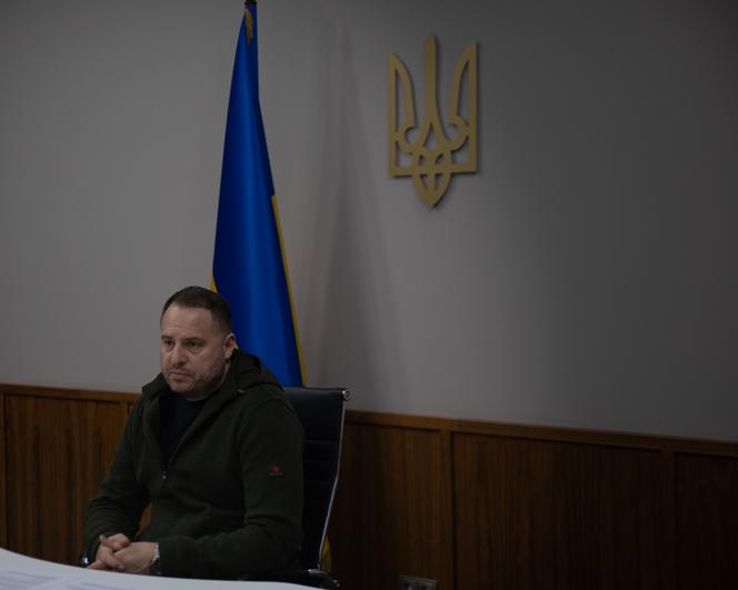 أندريه يرماك، رئيس ديوان الرئيس الأوكراني آنذاك، خلال مؤتمر صحفي في القصر الرئاسي في كييف، 31 مارس 2022.