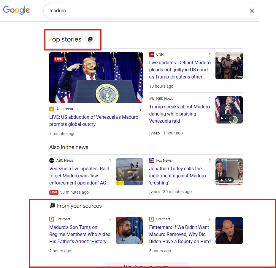 Google Top Stories Box - مع Breitbart News كمصدر مفضل