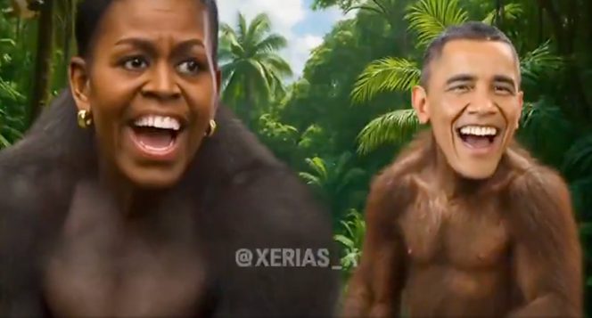 تصوير باراك أوباما وزوجته ميشيل على هيئة قردين، في مونتاج عنصري شمله فيديو نشره دونالد ترامب.